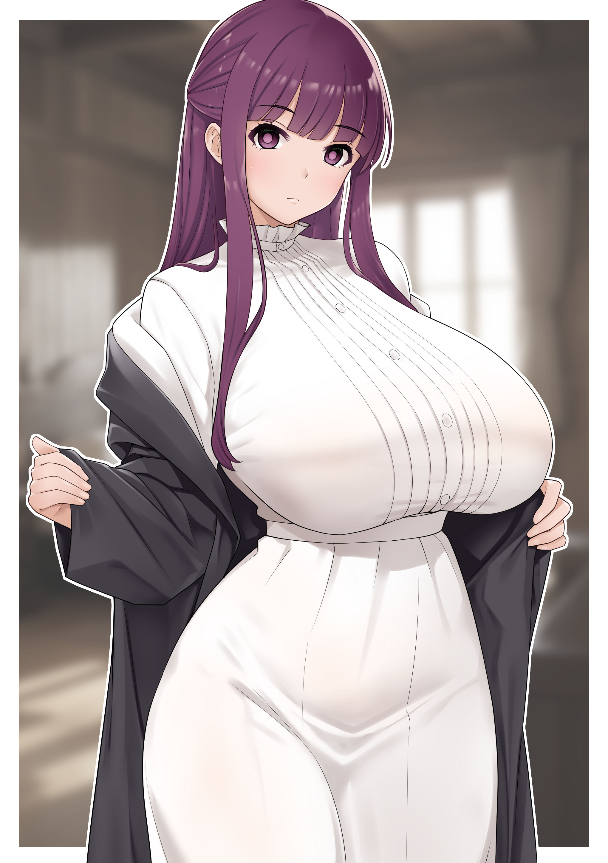1girls, absurdres, black robe, blunt bangs, blurry, blurry background, border, breasts, buttons, closed mouth, cowboy shot, dress, female, fern (sousou no frieren), highres, hourglass figure, huge breasts, light skin, light-skinned female, long hair, looking at viewer, off shoulder, purple eyes, purple hair, robe, slim waist, solo, sousou no frieren, thick thighs, very long hair, white border, white dress, wide hips, wreath (lit)