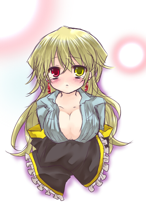 arms_crossed_under_breasts big_breasts blonde_hair blush cleavage colored_sketch detached_sleeves earrings embarrassed female female_only genderswap_(mtf) heterochromia long_hair looking_at_viewer pandora_hearts red_eyes rule_63 shy sketch solo upper_body vincent_nightray wide_sleeves yellow_eyes