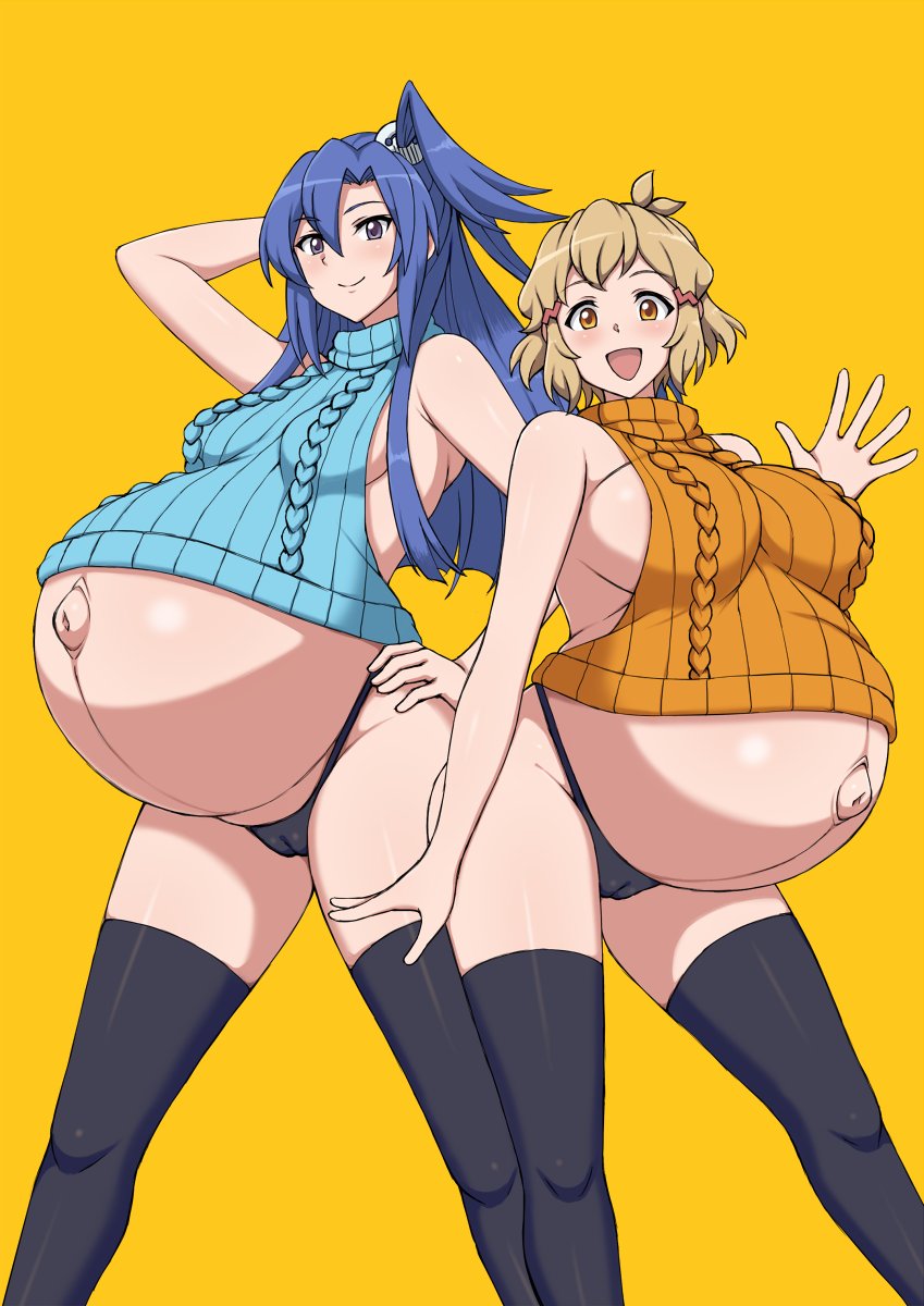 2girls big_belly bikini black_thighhighs blue_hair blush breasts brown_hair cameltoe closed_mouth from_below grey_eyes groin hair_ornament hairclip hand_on_own_hip highres kazanari_tsubasa knightraid000 large_breasts long_hair looking_at_viewer medium_breasts meme_attire midriff multiple_girls multiple_pregnancies open_mouth outie_navel pregnant ribbed_sweater senki_zesshou_symphogear short_hair side_ponytail sideboob sidelocks sleeveless sleeveless_sweater smile standing sweater swimsuit tachibana_hibiki_(symphogear) thighhighs thighs turtleneck turtleneck_sweater virgin_killer_sweater yellow_eyes