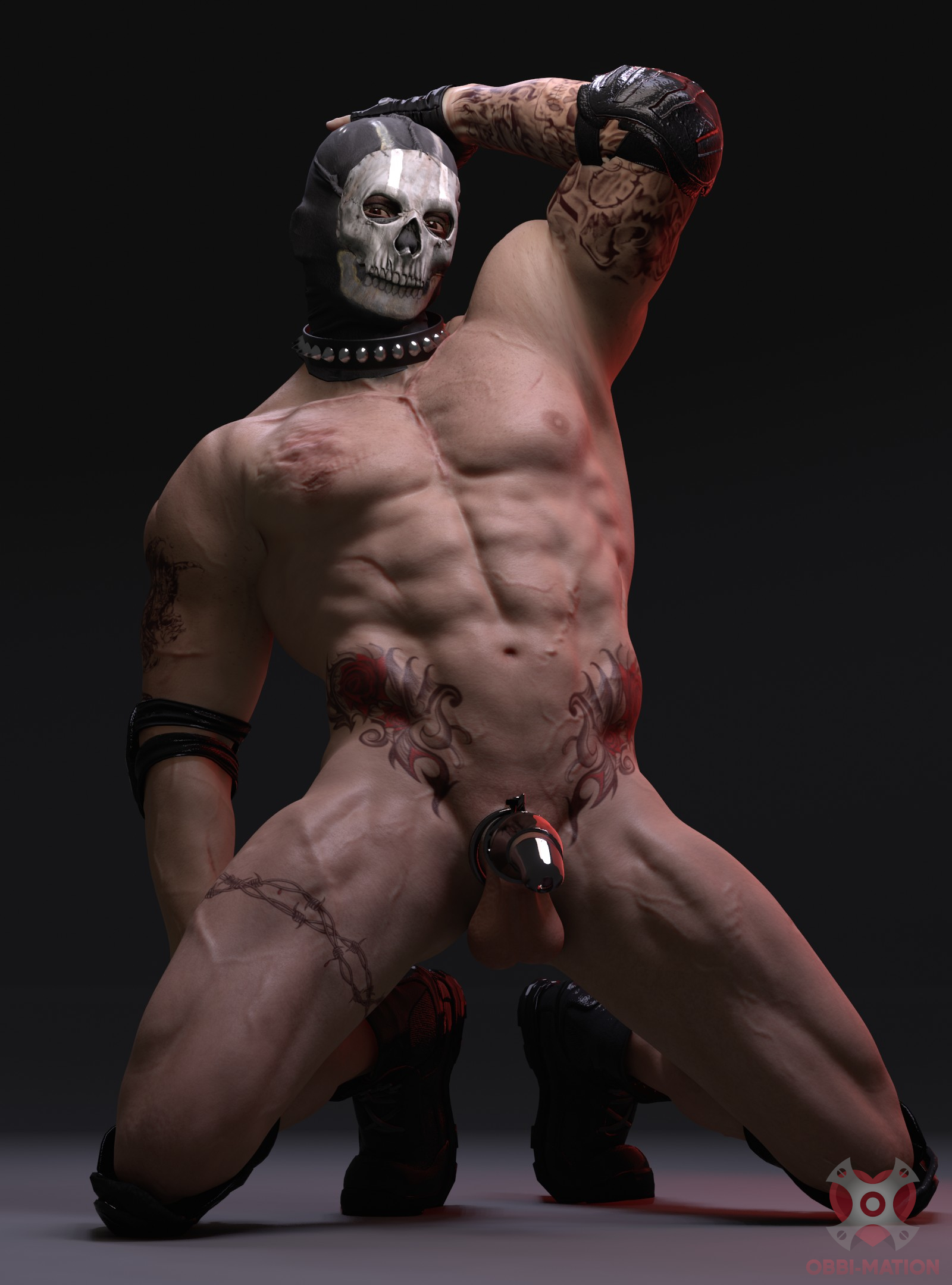 1boy, 1human, 3d, 3d model, activision, call of duty, call of duty modern warfare 2 (2022), chastity cage, ghost (modern warfare 2), kneeling, male, male focus, male only, male pov, masked, masked male, muscular, obbi mation, shoes, simon riley, spiked collar, tattooed male, tattoos