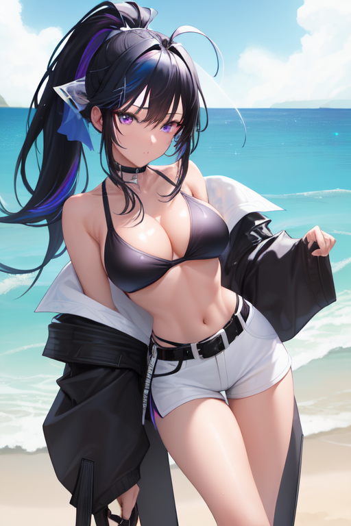 ai_generated beach bikini_top black_hair cute_face cute_pose jacket_partially_removed nanami_nagi original original_character ponytail purple_eyes purple_streak shorts