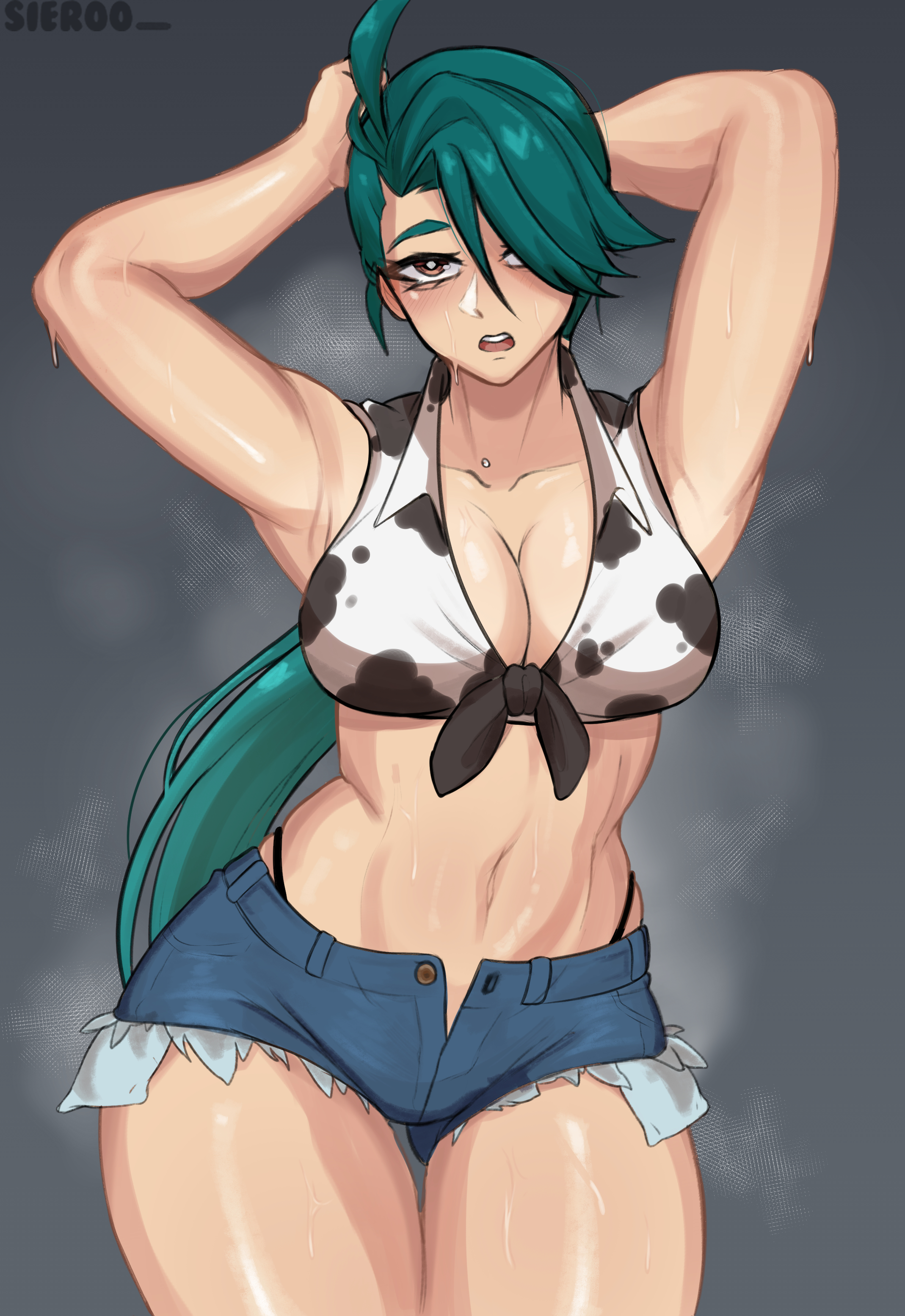 1girls, alternate breast size, breasts, cleavage, cow print, cowgirl, female, female only, fully clothed, green hair, hi res, large breasts, light skin, light-skinned female, long hair, midriff, nintendo, pokemon, pokemon sv, revealing clothes, rika (pokemon), shorts, sieroo, skimpy clothes, teal hair, thick thighs, thong straps