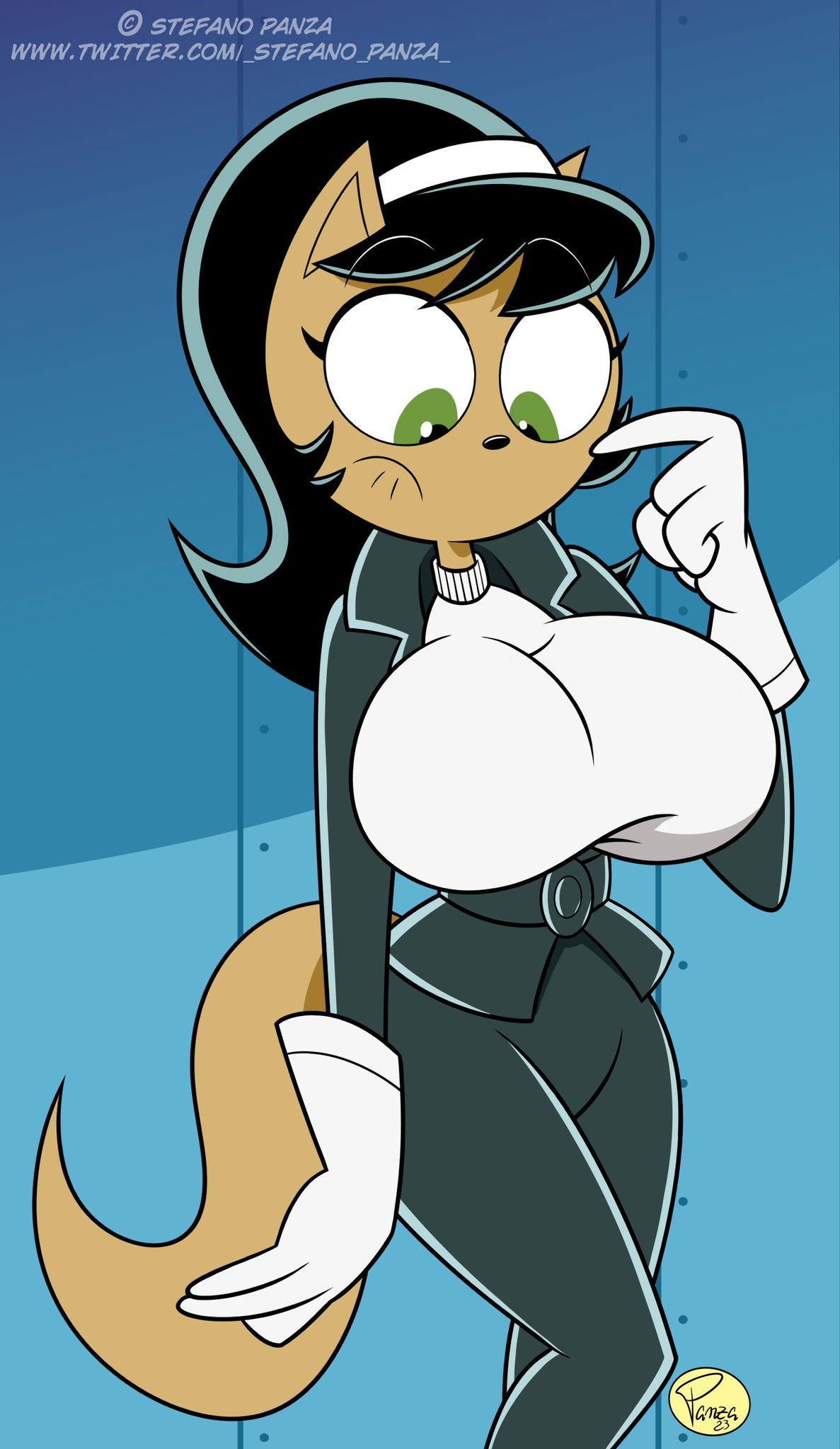 1girls, big breasts, black hair, breasts, brown fur, clothed, domestic cat, female, green eyes, ilpanza, kitty katswell, looking down, nickelodeon, solo, standing, t.u.f.f. puppy