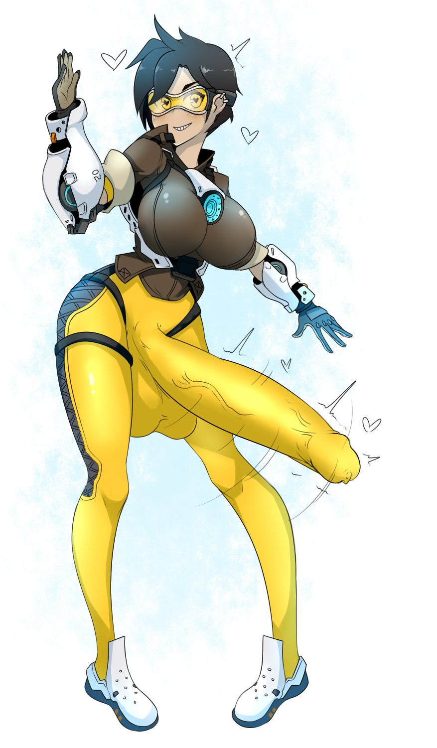 <3, <3 eyes, 1futa, balls, big breasts, big penis, black hair, blush, bodysuit, breasts, busty, curvy, dickgirl, erection, futa only, futanari, gloves, huge breasts, intersex, large breasts, legs, overwatch, penis, piercing, short hair, sinensian, smile, solo, testicles, tights, tracer, uncensored, veiny penis, voluptuous, wide hips