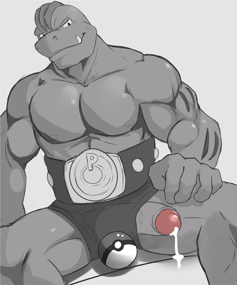 1boy belt bulge erection grey_skin humanoid_penis machoke male male_only nintendo nuroi partially_colored penis poke_ball pokemon pokemon_(species) poking_out sitting solo topless veins veiny_penis video_games