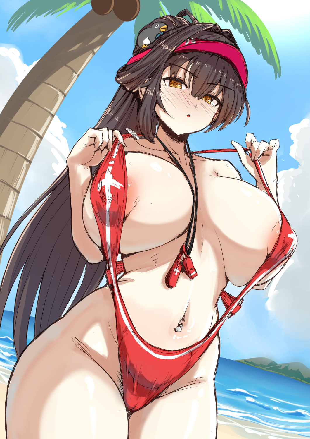 1girls, areola slip, artist request, beach, bikini, blush, breasts, brown hair, cameltoe, covered erect nipples, goddess of victory: nikke, large breasts, light-skinned female, long hair, marciana (marine study) (nikke), marciana (nikke), navel, navel piercing, nipples visible through clothing, pubic hair, pubic hair peek, slingshot swimsuit, source request