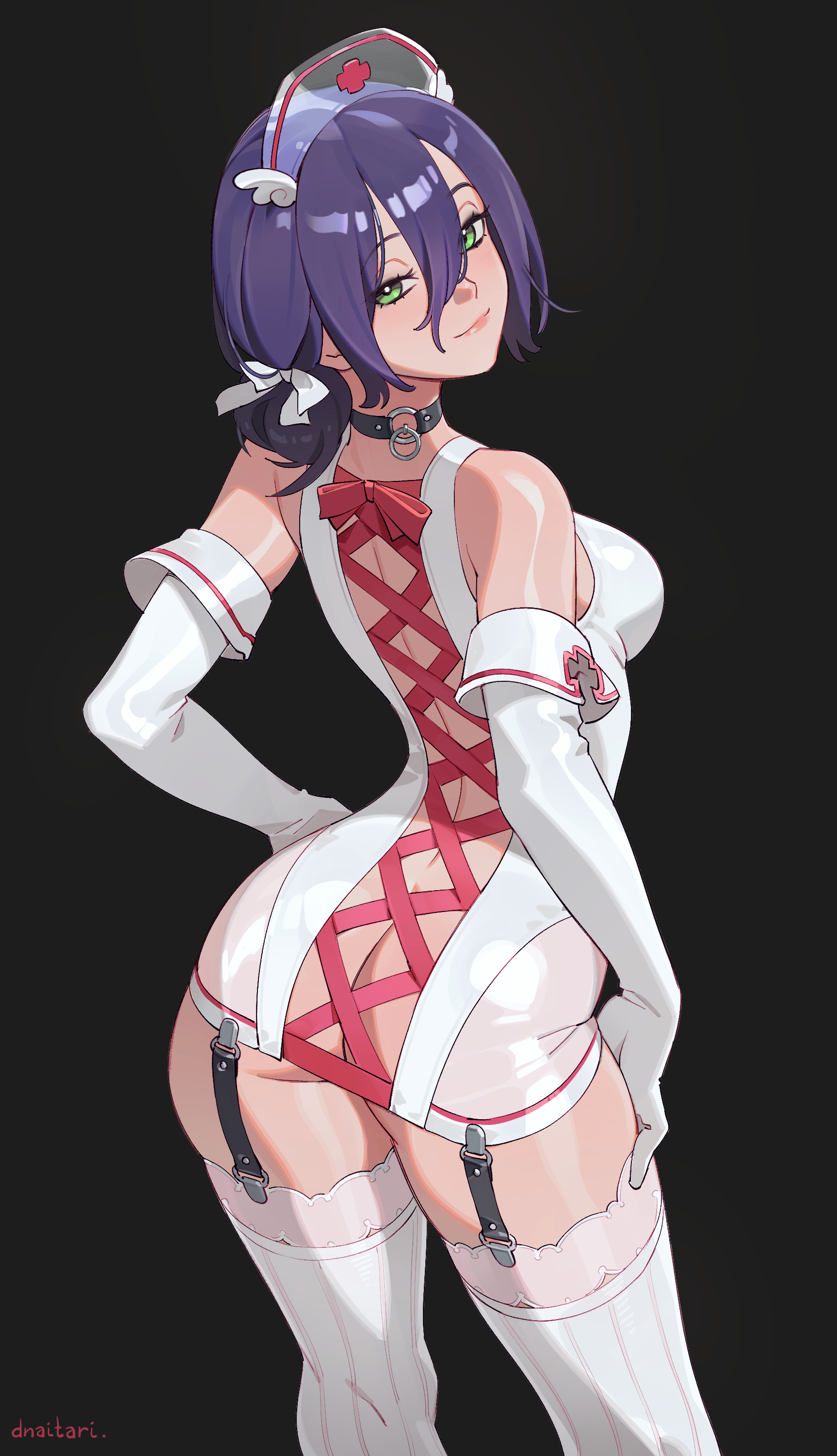1girls, alternate costume, alternate version available, ass, breasts, busty, busty female, cap, chainsaw man, choker, colored, curvy, curvy figure, dnaitari, earrings, female, female only, gloves, green eyes, halloween, halloween costume, jewlery, large ass, large breasts, leggings, long sleeves, looking at viewer, looking back, mappa, nurse, nurse cap, nurse outfit, purple hair, reze (chainsaw man), smiling, smiling at viewer, tagme, thick thighs, thighs