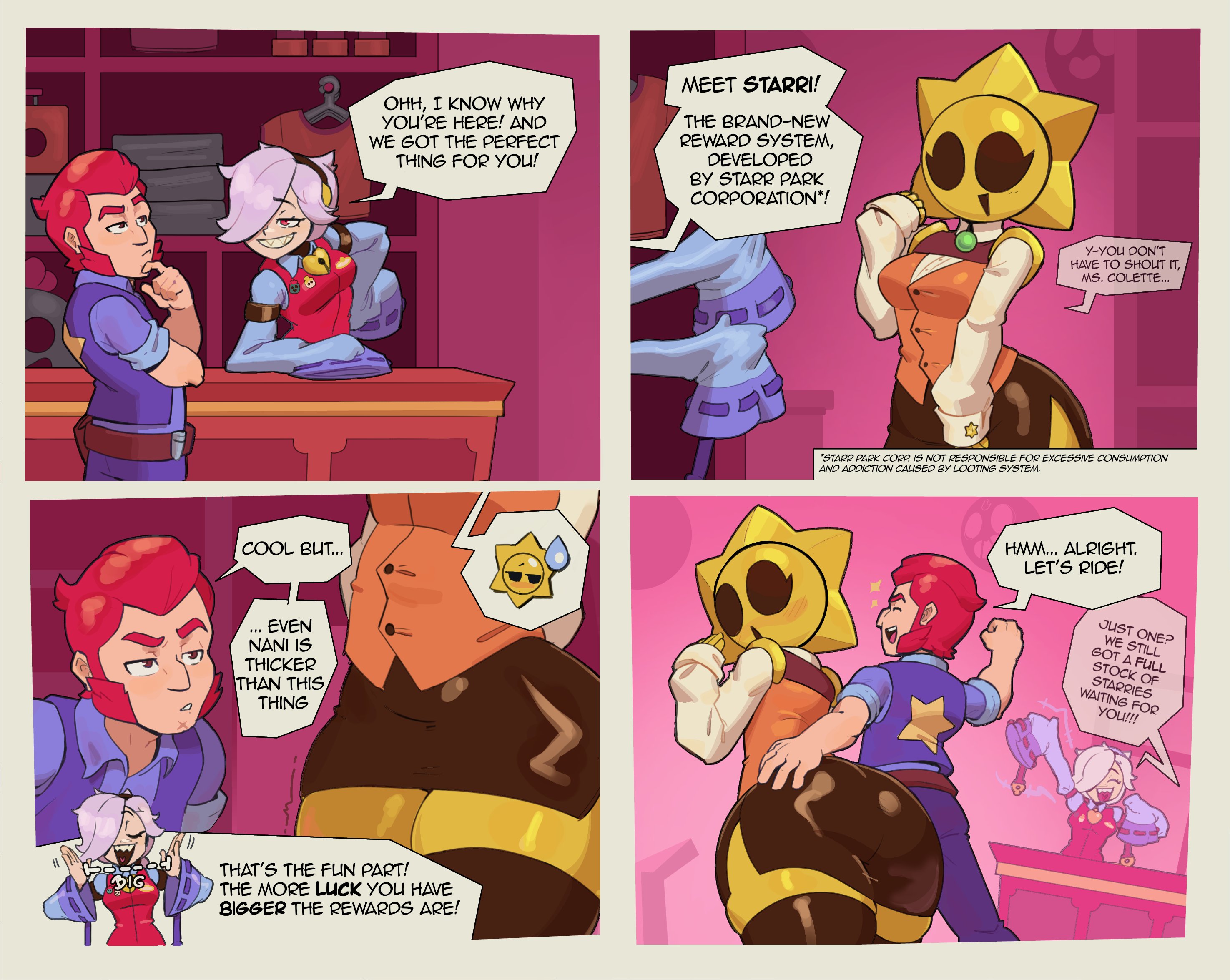 blush, brawl stars, clothed, clothed female, colette (brawl stars), colt (brawl stars), comic, comic page, fat ass, formal, hand on ass, object head, rule 63, starr drop (brawl stars), sunnythensfwer, thick ass, thick thighs, vest, wide hips, wide thighs