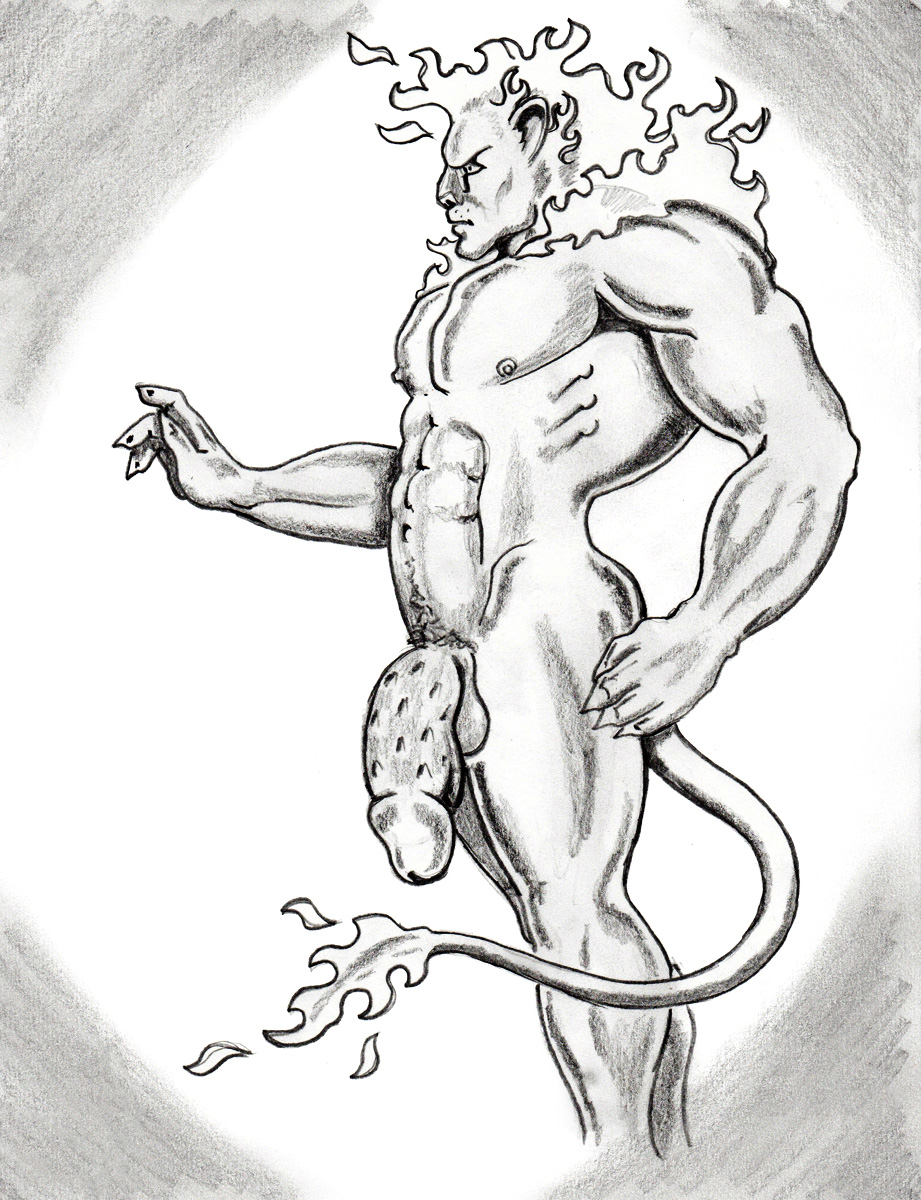 big_penis feline fire fmonkey leo lion male male_only mammal muscular penis solo thick_penis traditional_media_(artwork)