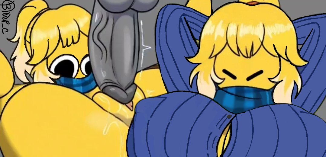 1boy, 1girl, arms behind head, big breasts, bl00p, clothed, female, male, nervous, noob, noob (roblox), penis, pussy juice, roblox, roblox avatar, spread legs, teasing, yellow body, yellow hair