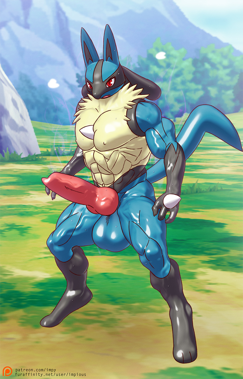 1boy animal_genitalia animal_penis balls biceps big_balls big_penis black_fur blue_fur canine_penis detailed_background erection fur impious lucario male male_only meadow mountain muscular muscular_male nintendo nude pecs penis pokemon pokemon_(species) red_eyes solo sweat tan_fur video_games