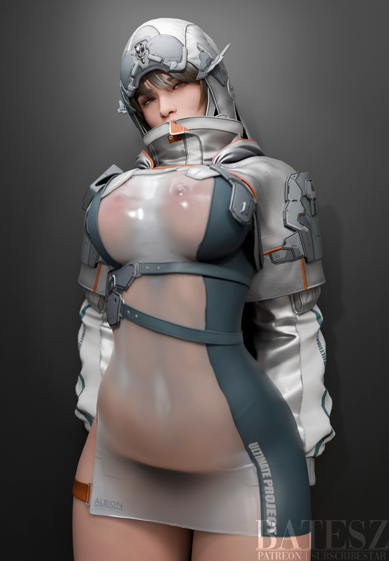 1girls, 3d, alternate costume, batesz, belly, breasts, brown eyes, brown hair, curvy, female, female only, hailey (the first descendant), hailey scott, large breasts, looking at viewer, nipples, plump, see-through, short hair, solo, the first descendant, thick thighs, thighs, wide hips