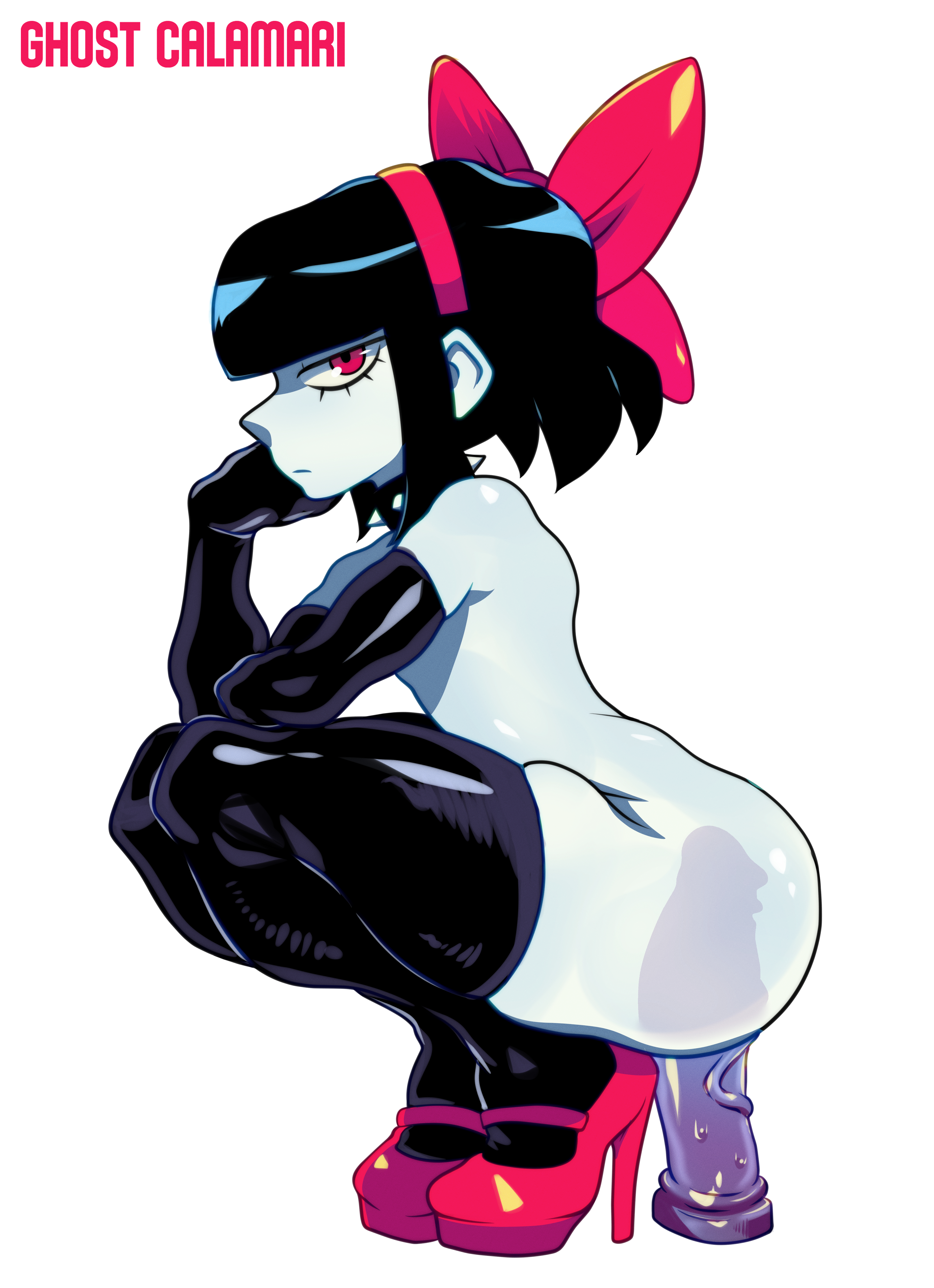 bangs, black gloves, black legwear, bow, dildo, femboy, gay, ghost calamari, high heels, pale skin, red eyes, red shoes, ribbon, scythe (dizzyspells)