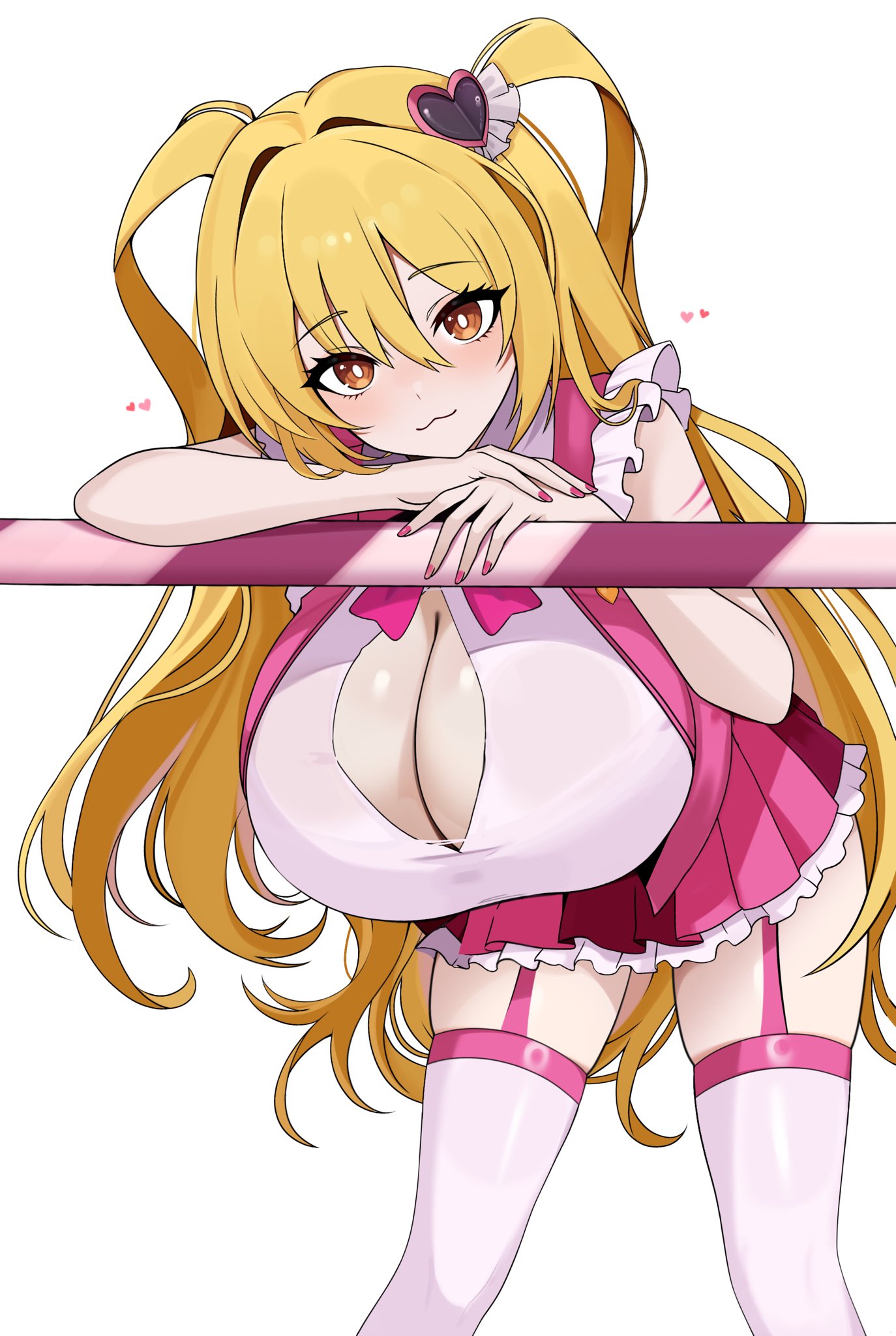 bangs, blush, boob window, breasts, cut, don quixote (limbus company), female, female only, fully clothed, garter straps, hair ornament, large breasts, leaning forward, light skin, light-skinned female, limbus company, long bangs, long hair, looking at viewer, m ayonessa, magical girl, magical girl outfit, no source, orange eyes, pink nails, project moon, ribbon, sinner, skirt, sleeveless, solo, solo focus, thigh highs, thighs, twintails, yellow hair