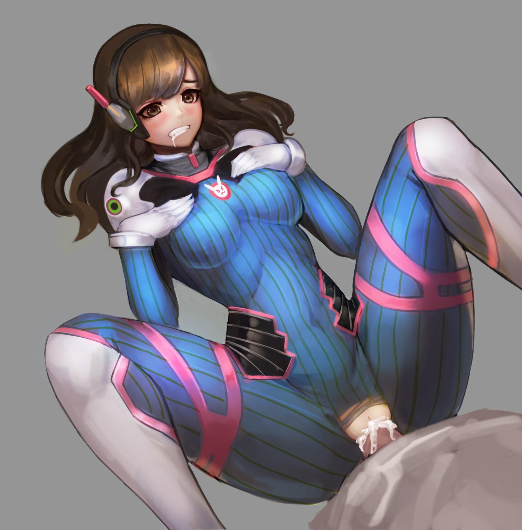 1boy, 1girls, absurdres, animal genitalia, asian, belly, big belly, big penis, blizzard entertainment, bodysuit, brown eyes, brown hair, d.va, facepaint, facial mark, female, grey background, high resolution, hips, interracial, large penis, legs, male, mammal, overwatch, overweight, penetration, penis, pilot suit, pussy, roadhog, shoulder pads, simple background, spread legs, thighs, torn clothes, vagina, vaginal penetration, whisker markings