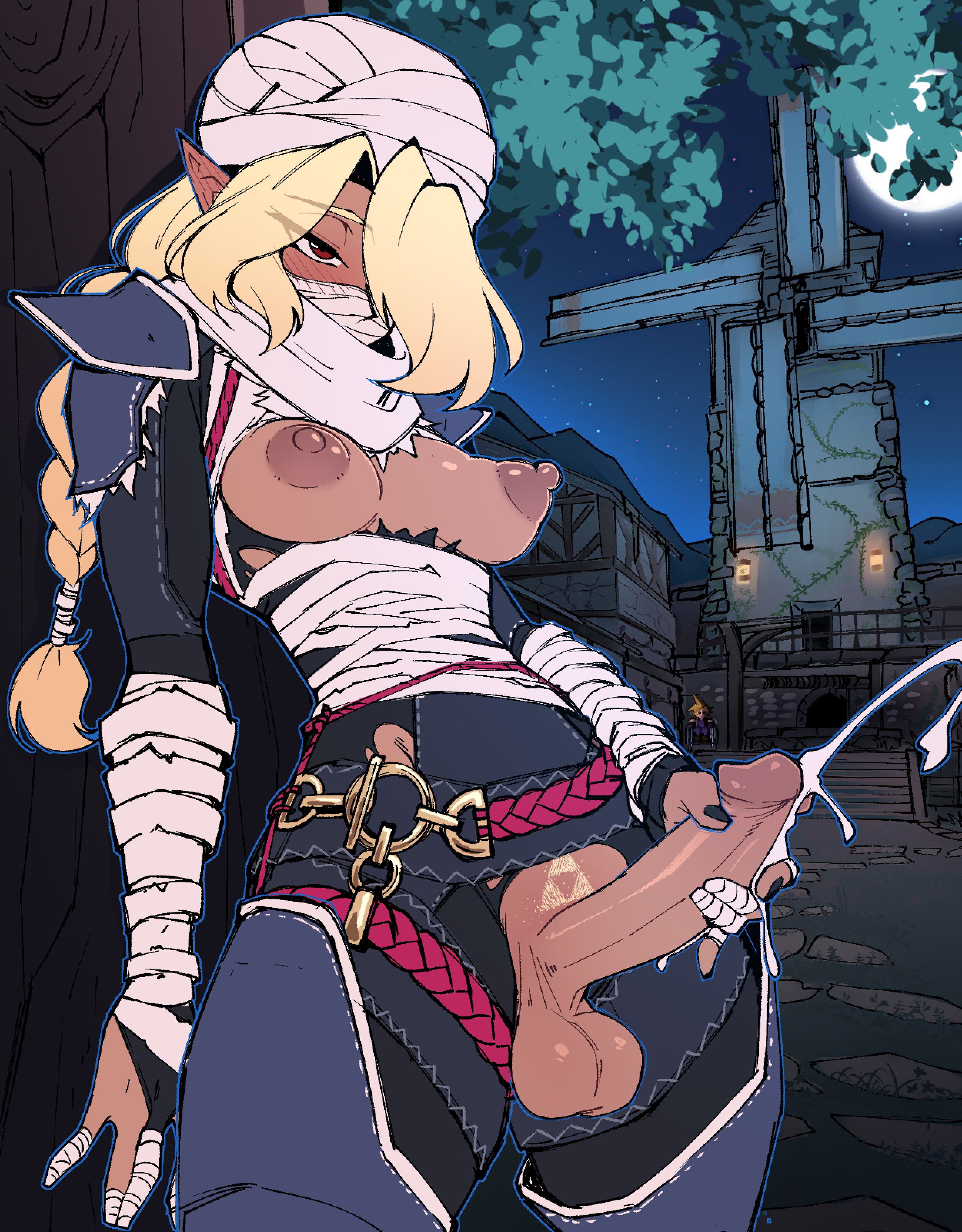1futa, against tree, areolae, average breasts, balls, bandaged arms, bandaged fingers, bandaged mouth, bandaged waist, bandages, big balls, big penis, black nails, blonde hair, blush, blushing, braided hair, breasts, breasts apart, bridal gauntlets, clothed, clothed futa, cloudonwheels, cum, cum outside, cumming, cumming from masturbation, cumshot, dark skin, dark-skinned futa, elf ears, erect nipples, erect penis, erection, exhibitionism, exhibitionist, futa, futa focus, futanari, grabbing penis, grass, hanging balls, hylian, hylian ears, large penis, long hair, masked, masked futa, masturbating, masturbation, moon, mouth mask, night, night time, nipples, ocarina of time, outdoor masturbation, outdoors, painted nails, pauldron, penis, perky breasts, pointy ears, pubic hair, public exposure, public indecency, public masturbation, red eyes, shaped pubic hair, sheik, sheikah clothes, sheikh, solo, solo focus, standing, starry sky, stars, stone road, stroking penis, the legend of zelda, the legend of zelda: ocarina of time, the legend of zelda: ocarina of time (remake), tree, triforce, turbin, well, windmill