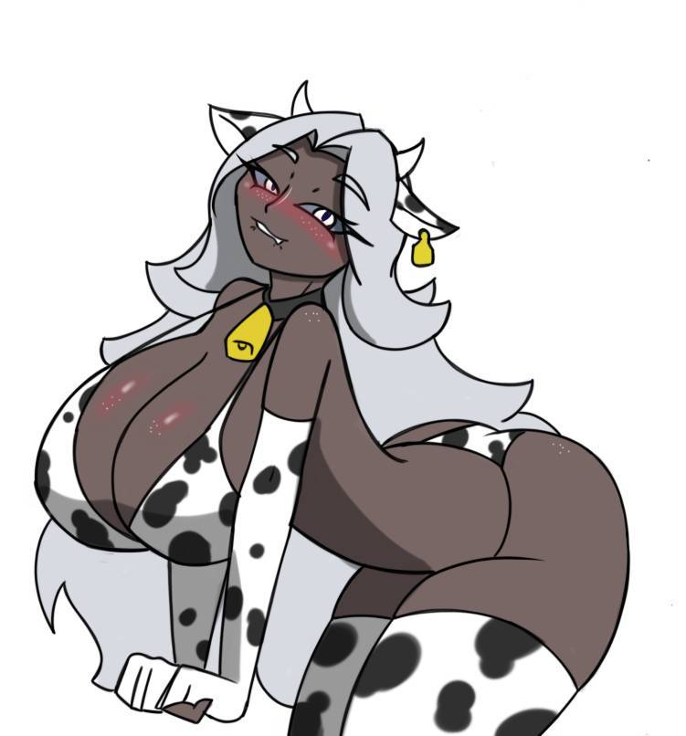1girls, adult, adult female, angel, angel girl, bell, biting lip, cow print, cow print armwear, cow print bikini, cow print thighhighs, dark skin, dark-skinned female, female, female focus, female only, hazbin hotel, hellaverse, huge breasts, large breasts, long hair, looking at viewer, mature female, pace-maker, round ass, sera (hazbin hotel), seraph, seraph (angel), seraphim, seraphim angel, slim waist, thick thighs, top heavy, vivienne medrano, vivziepop, white hair, wide hips