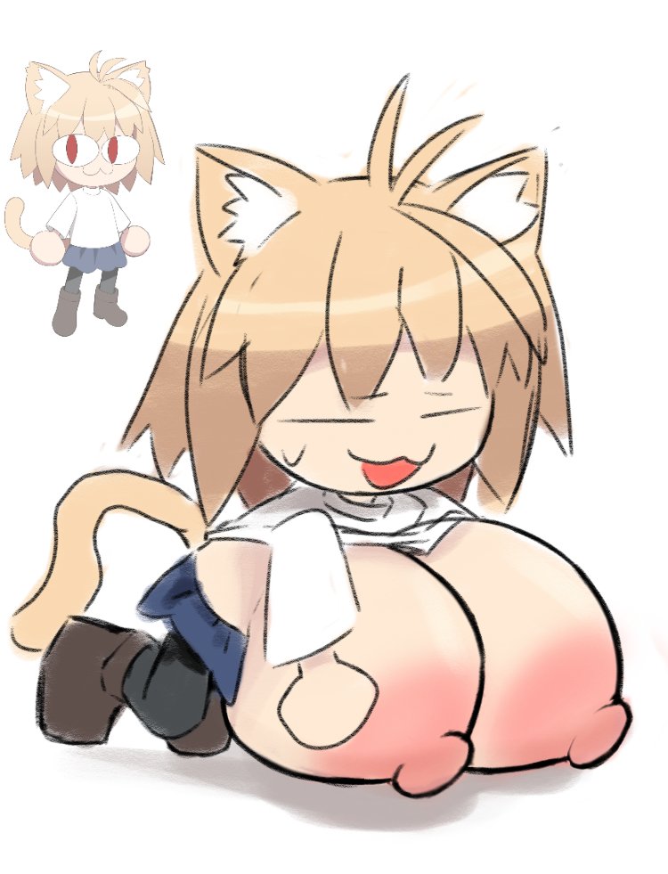 :3, = =, 1girl, animal ear fluff, animal ears, black thighhighs, blonde hair, blue skirt, boots, breasts, breasts bigger than head, brown boots, cat ears, cat girl, cat tail, chibi, chibi only, chibi style, closed eyes, erotic chibi, gigantic breasts, melty blood, neco-arc, nipples, open mouth, pleated skirt, reference inset, sexualized chibi, shirt, short hair, simple background, skirt, solo, sweat, swoiffer2, tail, thighhighs, tsukihime, turtleneck, turtleneck shirt, type-moon, white background, white shirt