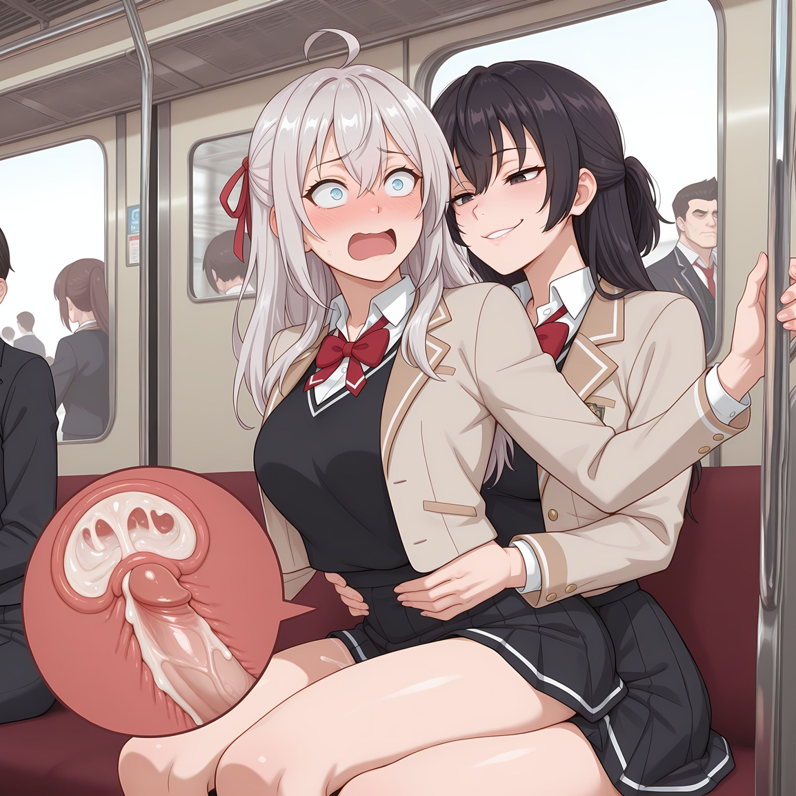 1futa, 1girl1futa, 1girls, ai generated, alisa mikhailovna kujou, big penis, creampie, cum, cum in pussy, cum inside, dickgirl/female, futa on female, futanari, impregnation, public, public sex, puffyart, roshidere, school uniform, sex, sex from behind, sitting, sitting on lap, sitting on person, subway, subway train, suou yuki, thighs, tokidoki bosotto russian de dereru tonari no alya-san, waist grab