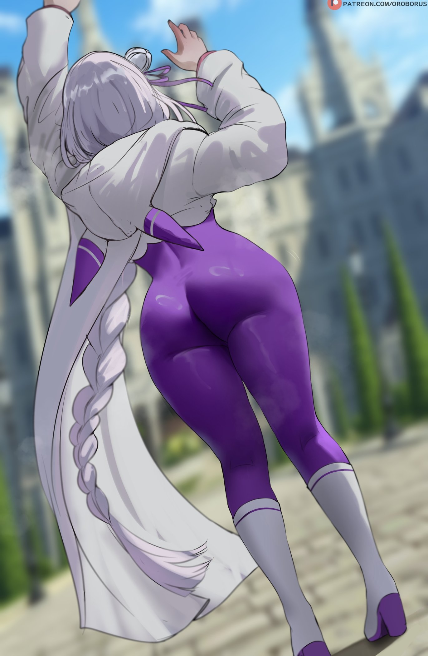 1girl, ass, blurry, blurry background, bodysuit, boots, braid, braided ponytail, commentary, emilia (re:zero), from behind, grey hair, highres, hood, hooded jacket, jacket, long hair, long sleeves, mansion, oroborus, outdoors, patreon logo, patreon username, purple bodysuit, re:zero kara hajimeru isekai seikatsu, solo, very long hair, white boots, white jacket