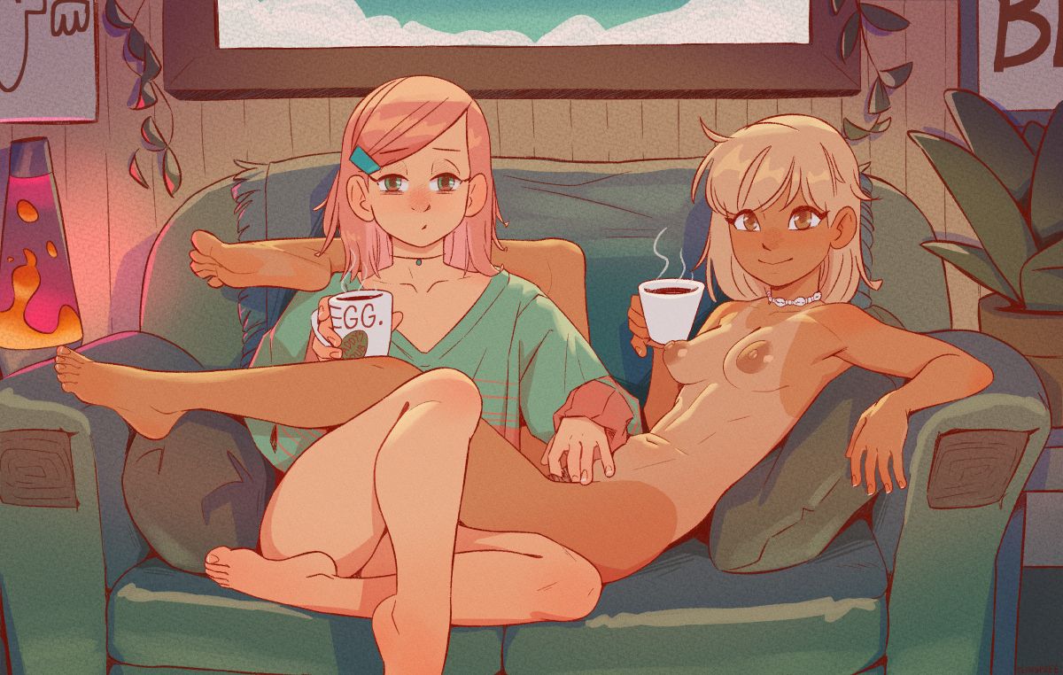 2girls, barefoot, breasts, coffee, couch, female, female only, female/female, hand on partner, klimspree, nude, tagme, tanline, yuri