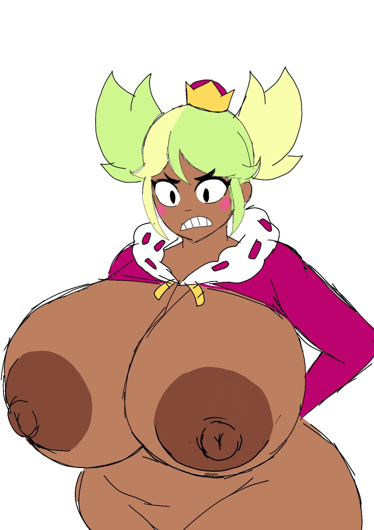 background, big breasts, big thighs, black nipples, blush, brawl stars, crown, dark-skinned female, green hair, mandy (brawl stars), momiji (artist), mostly nude, nipples, pink clothing, pout, pouting, simple, twitter, unhappy female