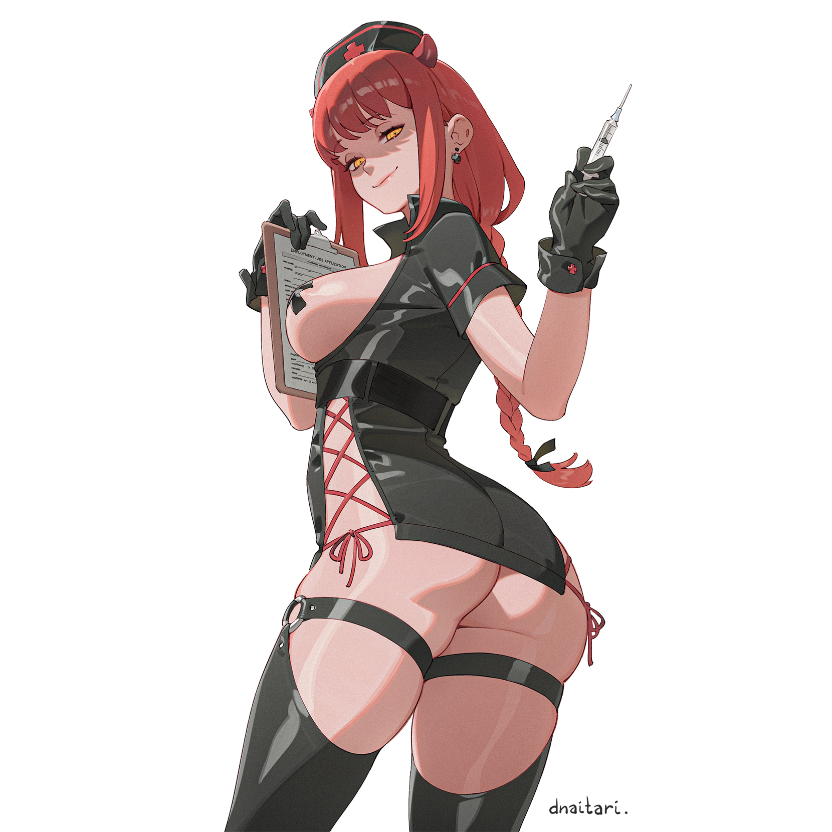 1girls, alternate costume, alternate version available, ass, braided hair, braided ponytail, breasts, busty, busty female, cap, chainsaw man, clipboard, colored, curvy, curvy figure, dnaitari, earrings, female, female only, gloves, halloween, halloween costume, jewlery, large ass, large breasts, leggings, looking at viewer, looking back, makima (chainsaw man), mappa, nurse, nurse cap, nurse outfit, paperwork, pasties, red hair, smiling, smiling at viewer, syringe, tagme, thick thighs, thighs, yellow eyes