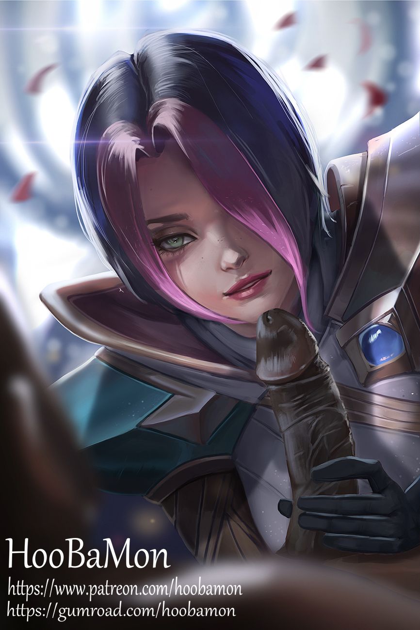 1boy, 1girls, dark skin, dark-skinned male, eye contact, fellatio, female, fiora laurent, glove, green eyes, hoobamon, interracial, league of legends, male, oral, tagme