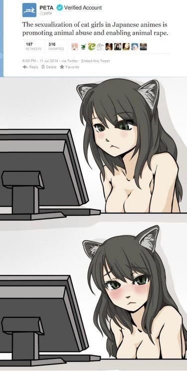 1girls animal_ears artist_request blush breasts cat_ears catgirl cleavage computer embarrassed english_text female funny humor irony meme monitor nekomimi reading topless worried