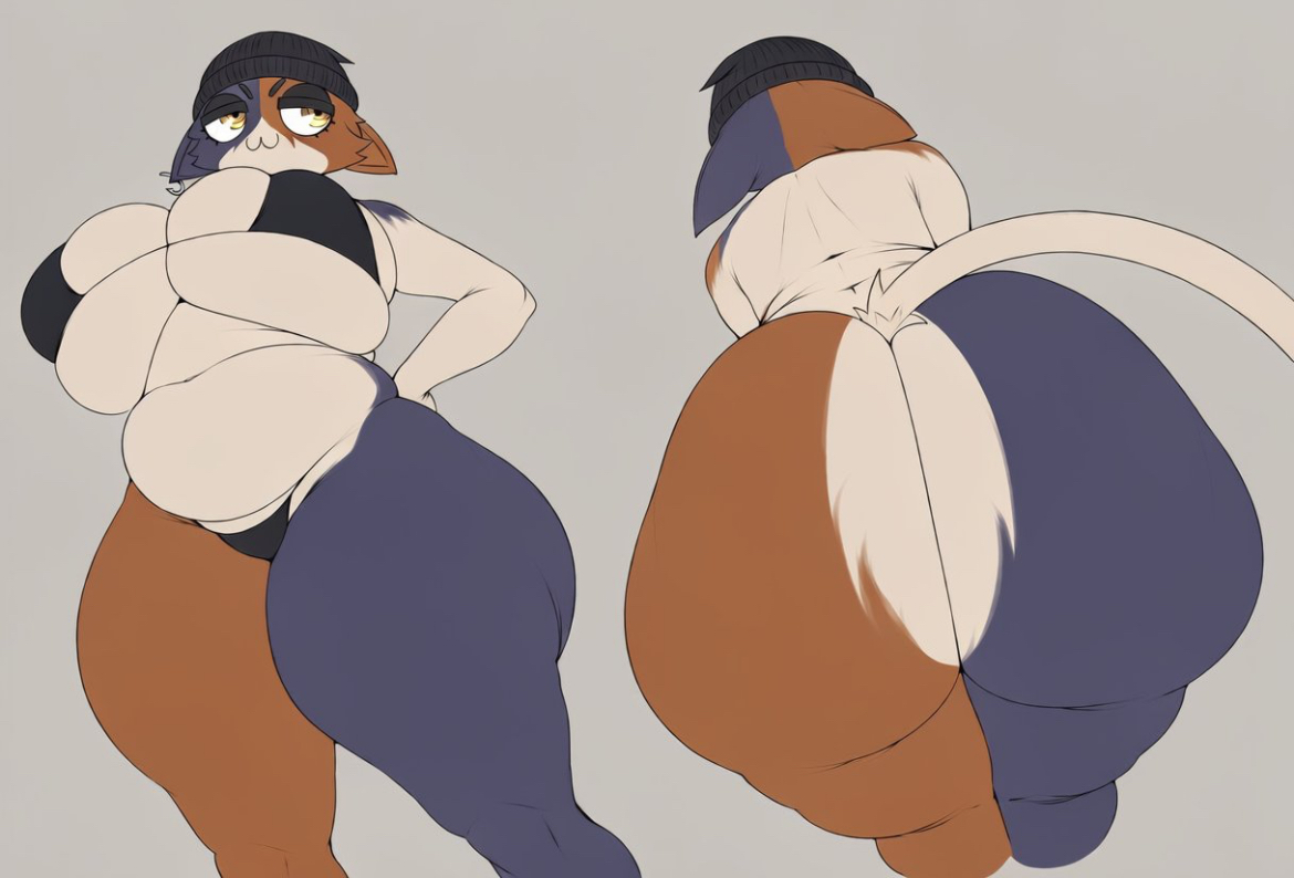 :3, 1girls, ai generated, anthro, anthro only, beanie, belly, bra, breasts bigger than head, calico cat, cat ears, cat tail, chubby, chubby female, emilyronp, feline, female, female only, fortnite, fur, hand on hip, huge ass, huge breasts, meow skulls (fortnite), thick thighs, thong, voluptuous, voluptuous female, yellow eyes