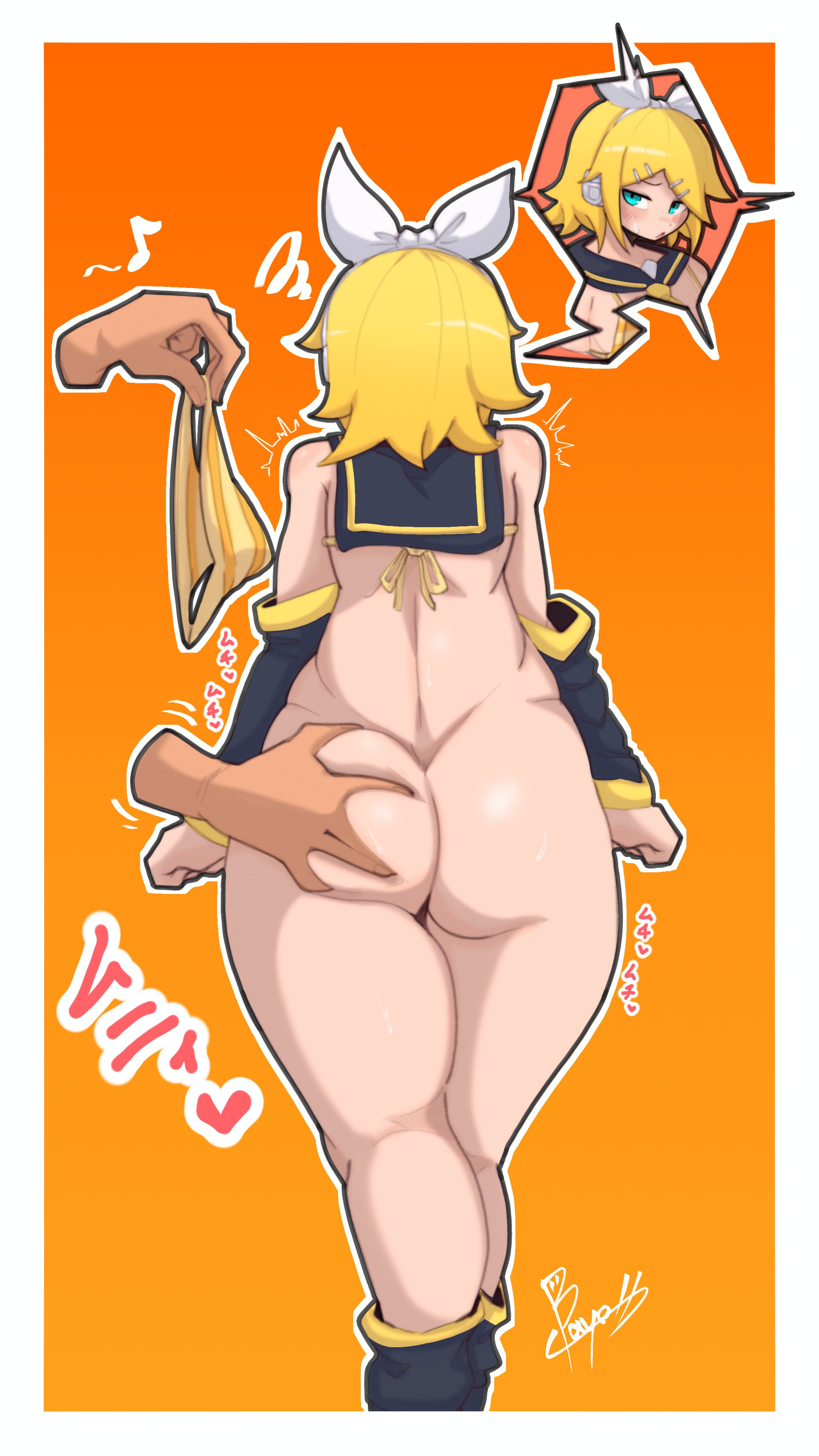 1girl, 1girls, ass, ass grab, bare ass, big ass, big butt, blue eyes, blush, butt, butt grab, doctor5648, grabbing, grabbing another's ass, grabbing from behind, holding, holding object, holding panties, holding underwear, kagamine rin, naked, naked female, no panties, no underwear, sweat, sweatdrop, vocaloid, white bow, yellow hair