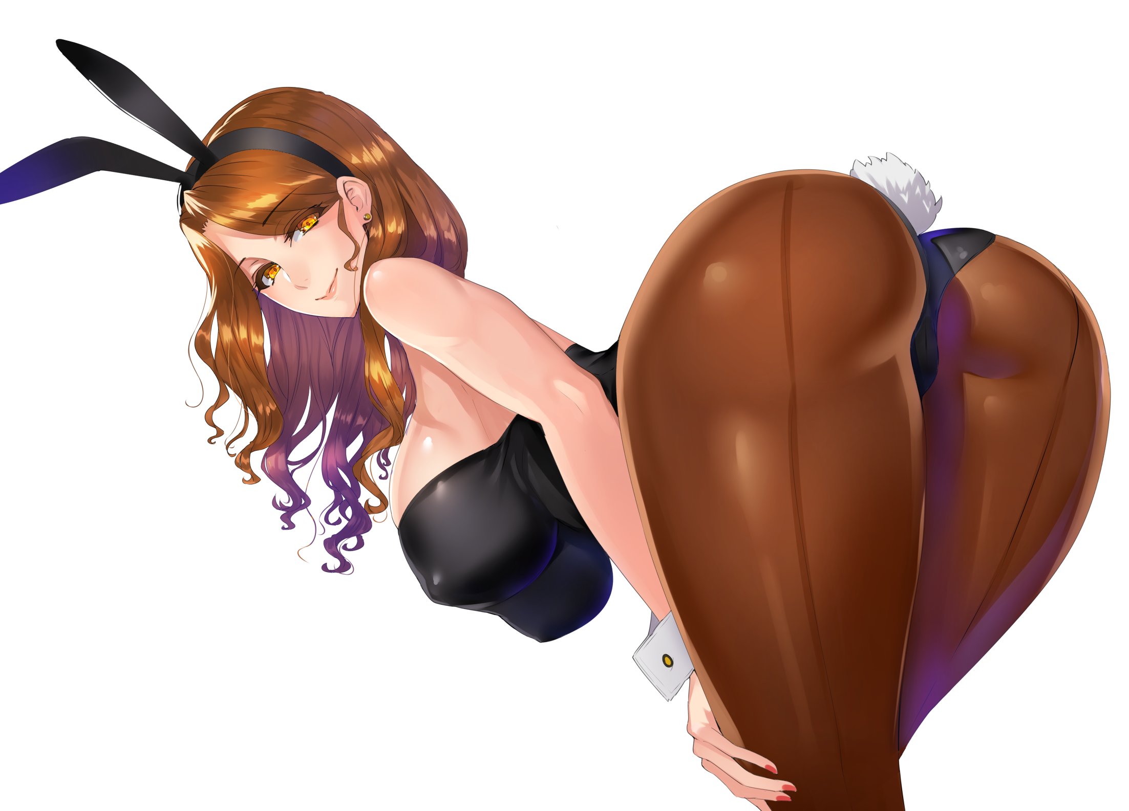 animal ears, ass, bare shoulders, breasts, brown hair, bunny ears, bunny tail, bunnysuit, damegane, earrings, eyelashes, fake animal ears, female, hands on own thighs, hands on thighs, hanging breasts, high resolution, hip focus, hips, jewelry, large breasts, leaning forward, leotard, long hair, looking at viewer, looking back, mylene (damegane), orange eyes, original, pantyhose, simple background, smile, solo, tail, thighs, wavy hair, white background, wide hips, wrist cuffs