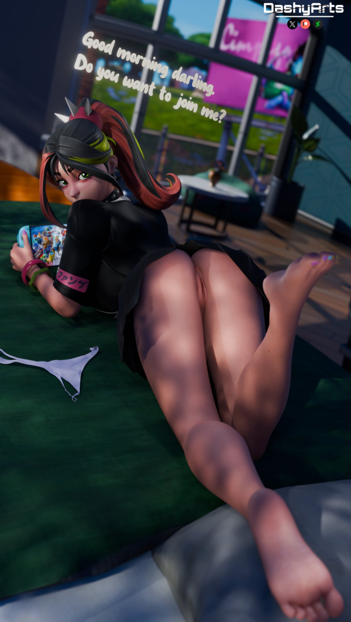 1girls, 3d, begging, black hair, blender, bottomless, choker, cute face, dashyarts, dress lift, enticing, epic games, feet, female, female only, foot fetish, fortnite, green eyes, helsie (fortnite), looking at viewer, multicolored hair, panties on floor, playing videogame, ponytail, pussy, wanting sex