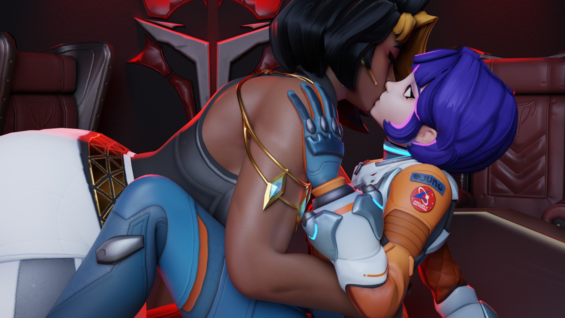 2girls, 3d, dark-skinned female, domina, dzooworks, female only, female/female, juno (overwatch), kissing, lesbian kiss, overwatch, overwatch 2, purple hair, yuri