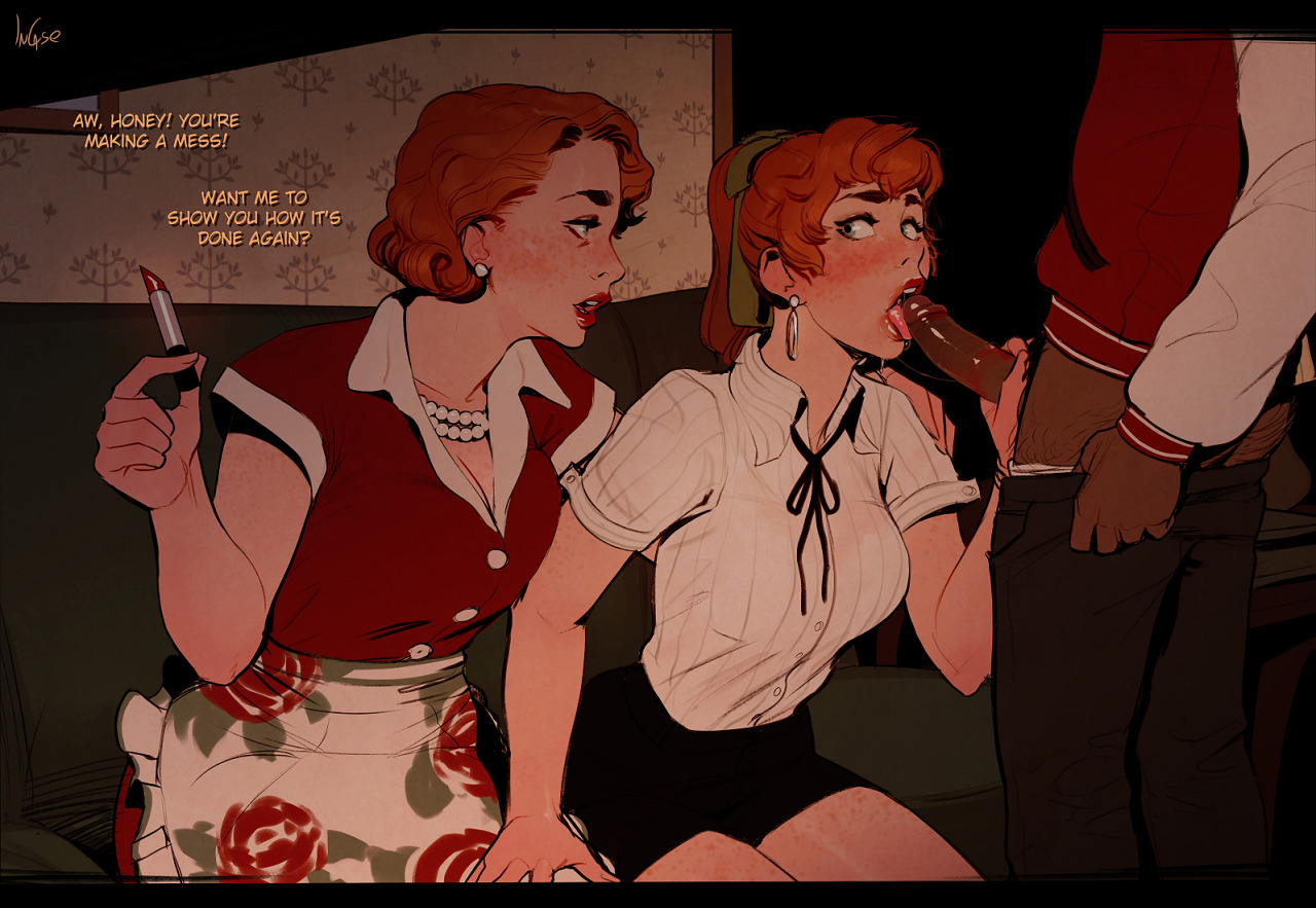 1950s, 2girls, dark skin, dark-skinned male, erection, fellatio, female, freckles, hairy ass, incase, interracial, lipstick, lipstick mark, lipstick on penis, male, milf, oral, original, penis, ponytail, red hair, red lipstick, straight, text