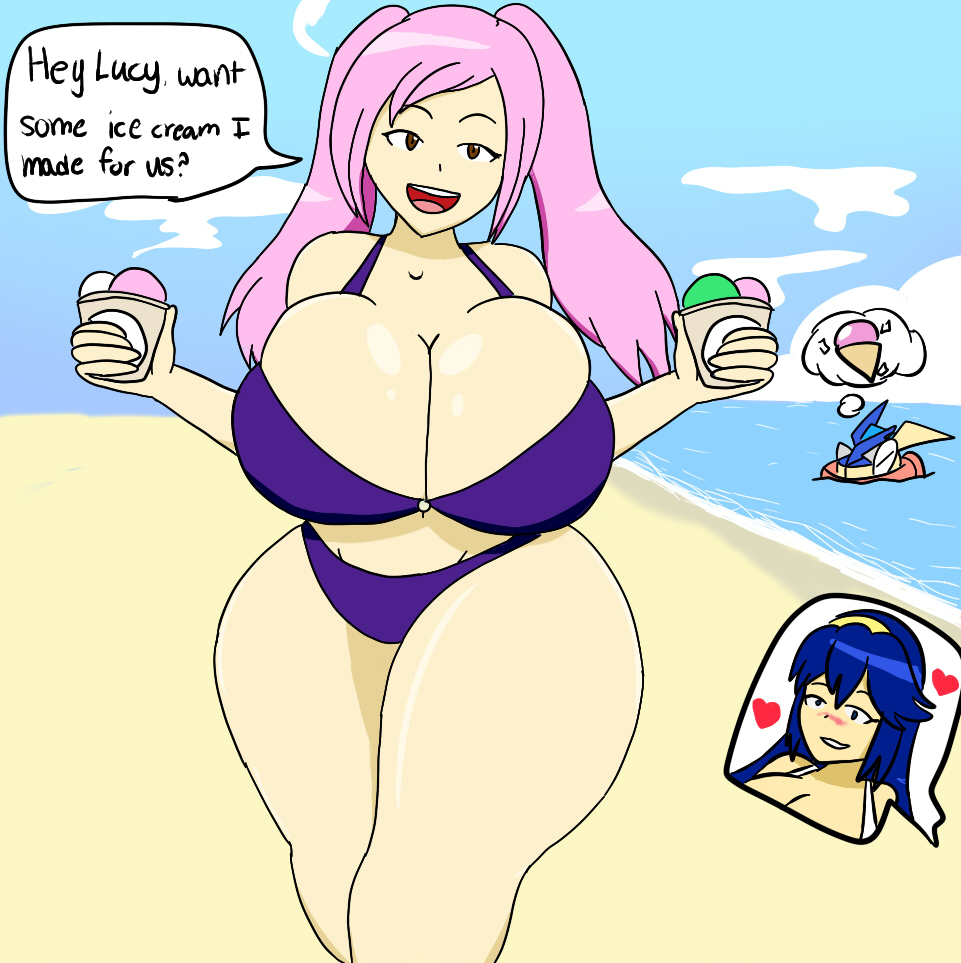2girls, alternate breast size, bare shoulders, beach, belly, bikini, blue eyes, blue hair, blush, breasts, cleavage, closed eyes, crossover, day, eyelashes, female, female only, fire emblem, fire emblem awakening, food, frog, greninja, heart, holding, huge breasts, human, ice cream, igphhangout, long hair, lucina (fire emblem), midriff, multiple girls, navel, ocean, outdoors, pink hair, pokemon, pokemon (species), pokemon xy, red eyes, robin (fire emblem), robin (fire emblem) (female), sand, sky, smile, standing, super smash bros., teeth, thick thighs, thinking, tied hair, twintails, water, wide hips