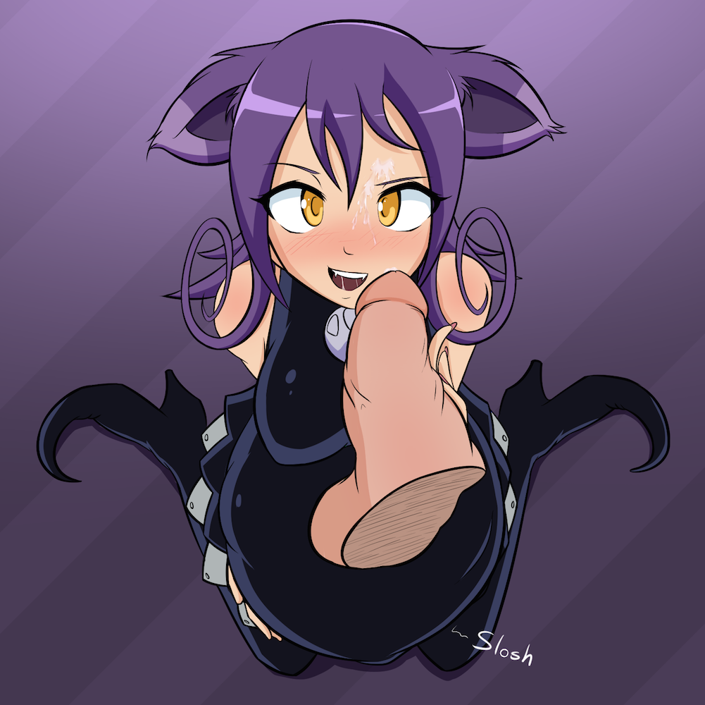 animal_ears bare_shoulders belly big_belly big_breasts blair_(soul_eater) blush breasts bulge cat_ears cum disembodied_penis erection female hand_on_penis humanoid male mammal open_mouth penis pov purple_hair soul_eater starcrossing yellow_eyes