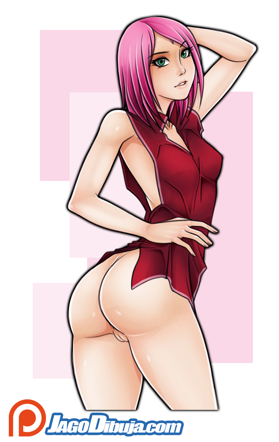 1girls, anus, armpits, ass, belly, blue eyes, bottomless, breasts, covered breasts, female, female only, high resolution, hips, jago dibuja, legs, naruto, naruto (series), naruto shippuden, navel, nipples, pink hair, pussy, sakura haruno, short hair, solo, thighs, vagina