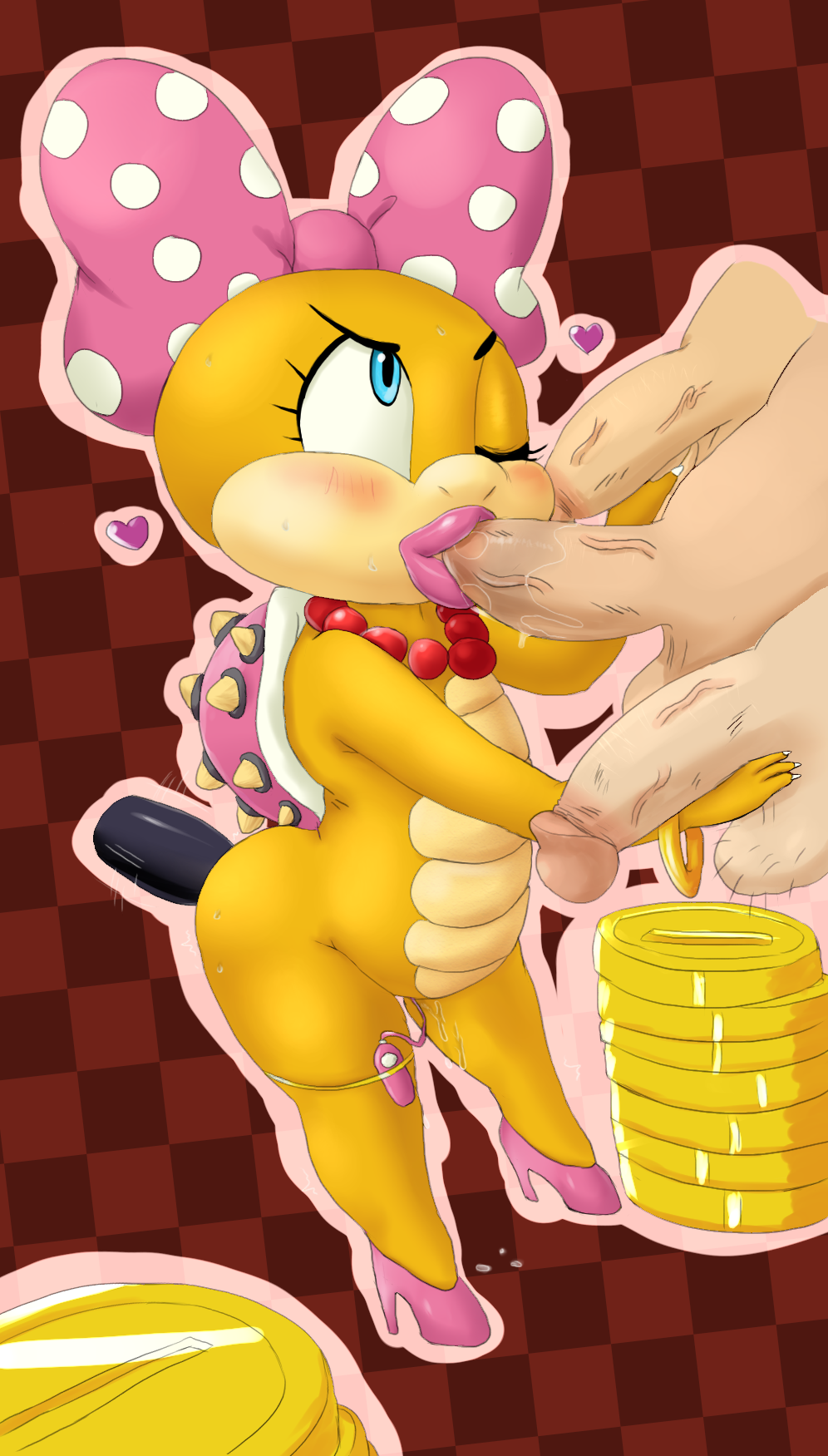 1girls 3boys ass balls coin dildo fellatio female female_focus garbledina hoshime interspecies koopa koopaling koopalings male mario_(series) multiple_boys nintendo oral penis super_mario_bros. unseen_male_face vibrator wendy_o._koopa