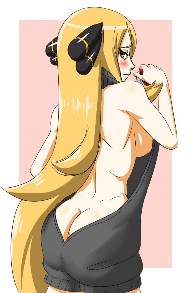 1girls, 2017, 2d, 2d (artwork), ass, ass cleavage, ass crack, back, bare shoulders, big breasts, blonde hair, blush, breasts, brown eyes, butt crack, clothes, cynthia (pokemon), dress, eyelashes, female, female only, half-closed eyes, holding, human, human only, light skin, light-skinned female, long hair, looking at viewer, looking back, nintendo, no sex, pink background, poke ball, pokemon, pokemon dppt, questionable, revealing clothes, sideboob, simple background, solo, solo female, standing, vdia, virgin killer sweater, white border