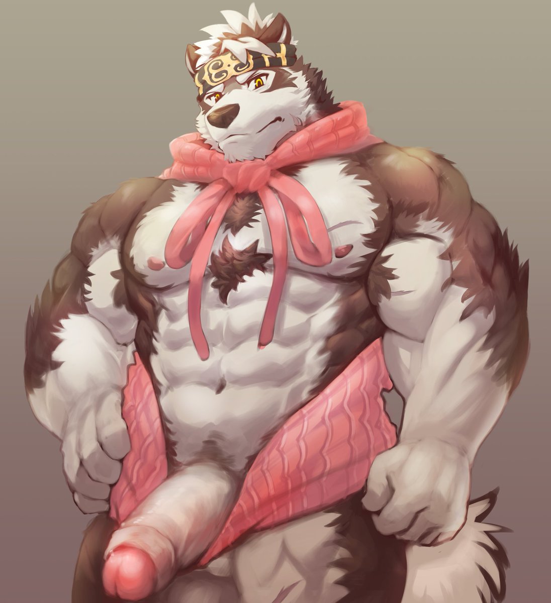 anthro bandana canine clothing erection horkeukamui looking_at_viewer male male_only mammal muscular nipples penis solo tokyo_afterschool_summoners wolf