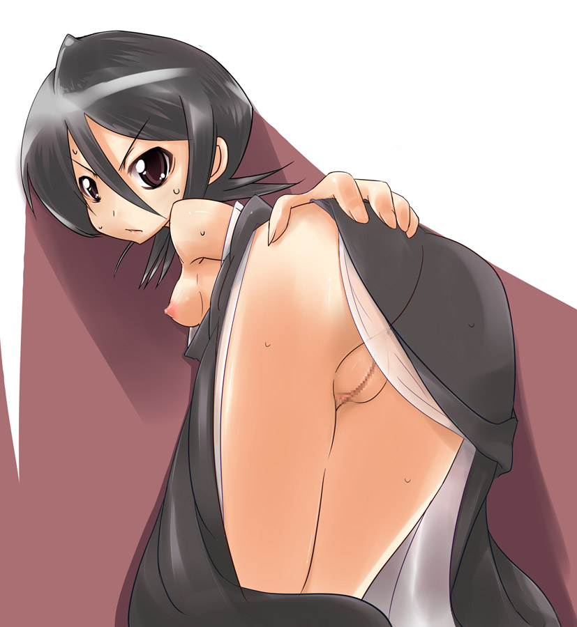 1girls ass bare_shoulders bent_over black_hair bleach breasts brown_eyes censored clothing female female_only hair_between_eyes hand_on_ass japanese_clothes kimono kuchiki_rukia looking_back morisaki_hichimi presenting pussy short_hair small_breasts solo sweat