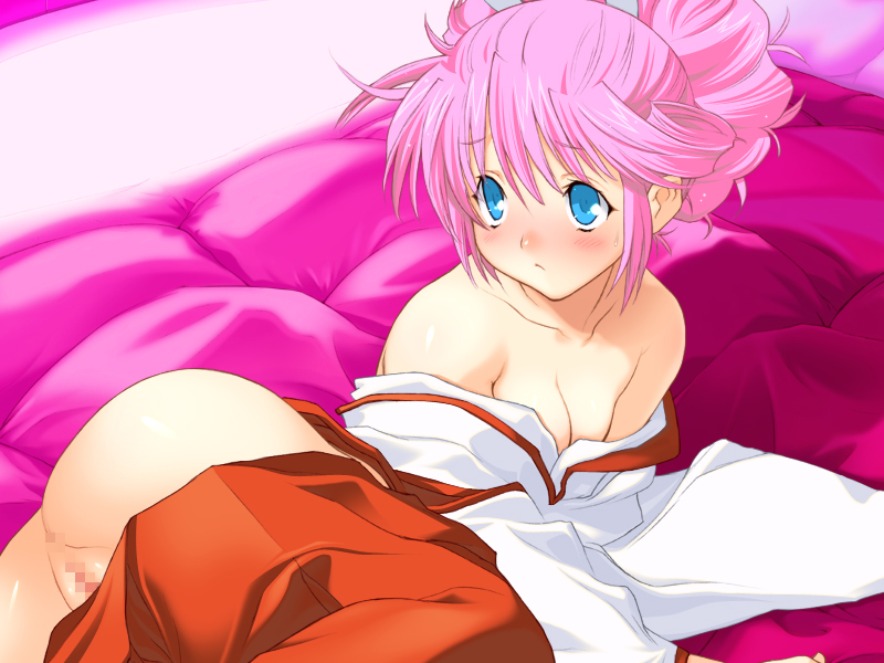 bed blue_eyes blush breasts censored cleavage clothing face game_cg hakama japanese_clothes miko on_side orion orion_(orionproject) pink_hair pussy rance_(series) sengoku_rance sill_plain undressing