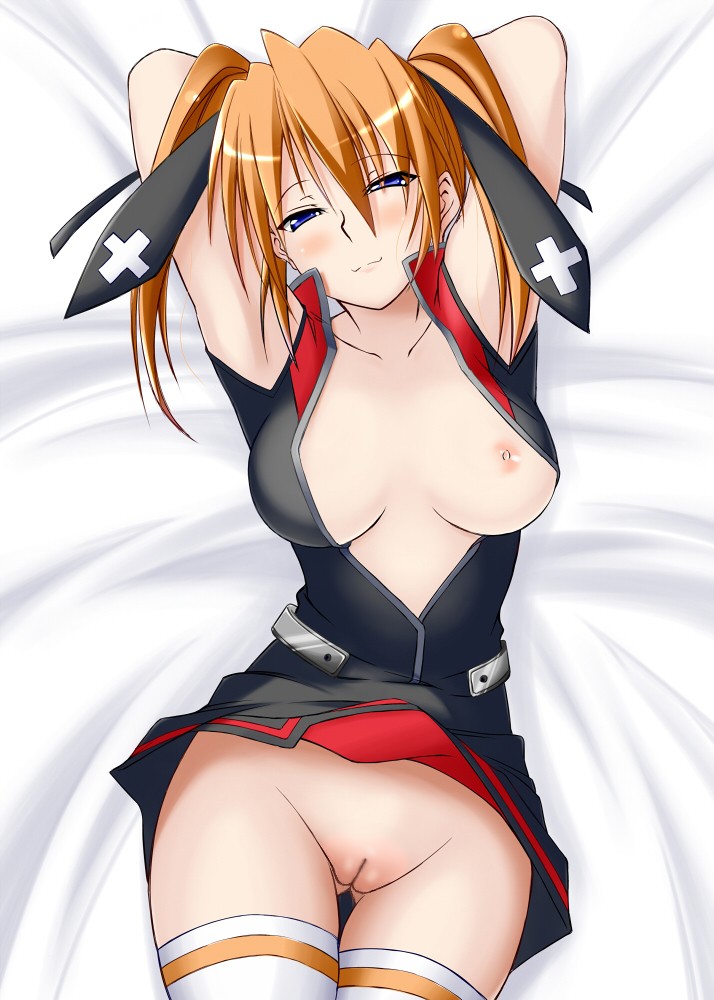 blush breasts cameltoe lyrical_nanoha mahou_shoujo_lyrical_nanoha_strikers no_panties open_clothes open_shirt orange_hair photoshop pussy shirt smile teana_lanster thigh_gap thighhighs uncensored