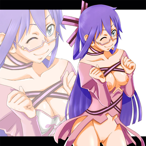 blue_eyes blue_hair bow breasts choker clothing female glasses hair_ornament hairbow komaki_midori long_hair medium_breasts megami_ibunroku_devil_survivor nipples no_bra no_panties pussy ribbon sato_iori wink