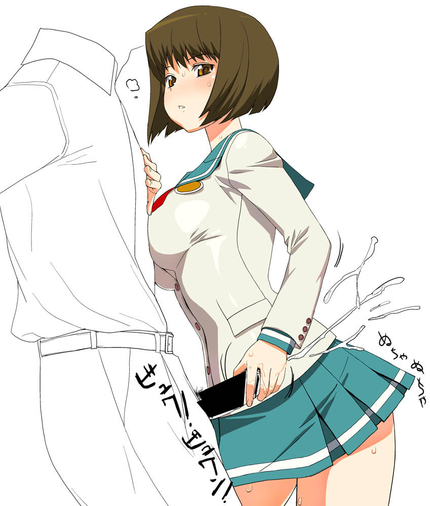 blush breasts brown_eyes brown_hair censored cum ejaculation female hagiwara_yukiho handjob idolmaster idolmaster_xenoglossia large_breasts penis sailor sailor_suit sailor_uniform school_uniform schoolgirl serafuku short_hair skirt source_request student sweat