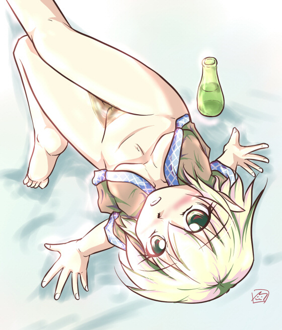 1girls barefoot blonde_hair blush bottle bottomless breasts drink feet female from_above looking_up merri_(artist) mizuhashi_parsee open_clothes open_shirt pussy shirt short_hair solo touhou uncensored wakamezake