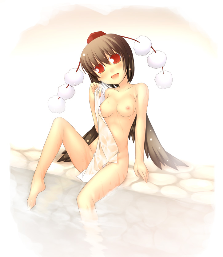 breasts breasts_apart brown_hair hat nude onsen plastic_erazer pussy red_eyes see-through shameimaru_aya short_hair tokin_hat touhou towel uncensored wet wings