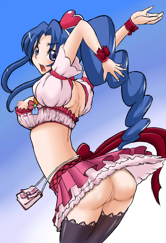 arms_up ass back blue_eyes blue_hair blush bottomless breasts clothing cosplay cure_berry drill_hair earrings female fresh_precure! fresh_pretty_cure! hair_ornament jewelry kawashima_ami kitamura_eri long_hair looking_back magical_girl masakichi_(heppouku) midriff nipples no_panties nude_filter precure pretty_cure pussy skirt small_breasts solo stockings thighhighs toradora! uncensored upskirt voice_actor_connection