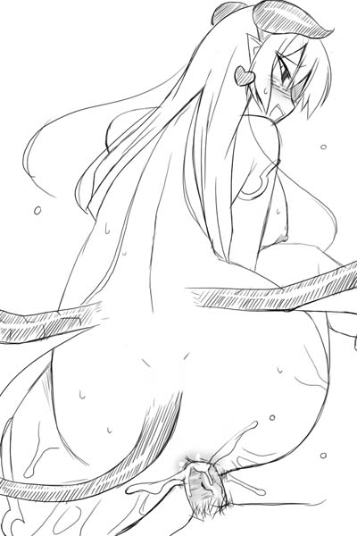 ass astaroth astaroth_(shinrabanshou) back black_sclera blush breasts cum demon_girl dimples_of_venus female horns large_breasts looking_back male monochrome monster_girl nude penis sex shinrabanshou straight tail uncensored utamaro wings